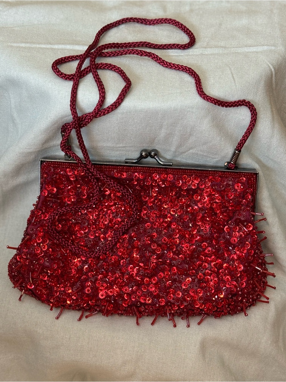 L'Oreal Red Sequin Beaded Evening Clutch with Braided Strap